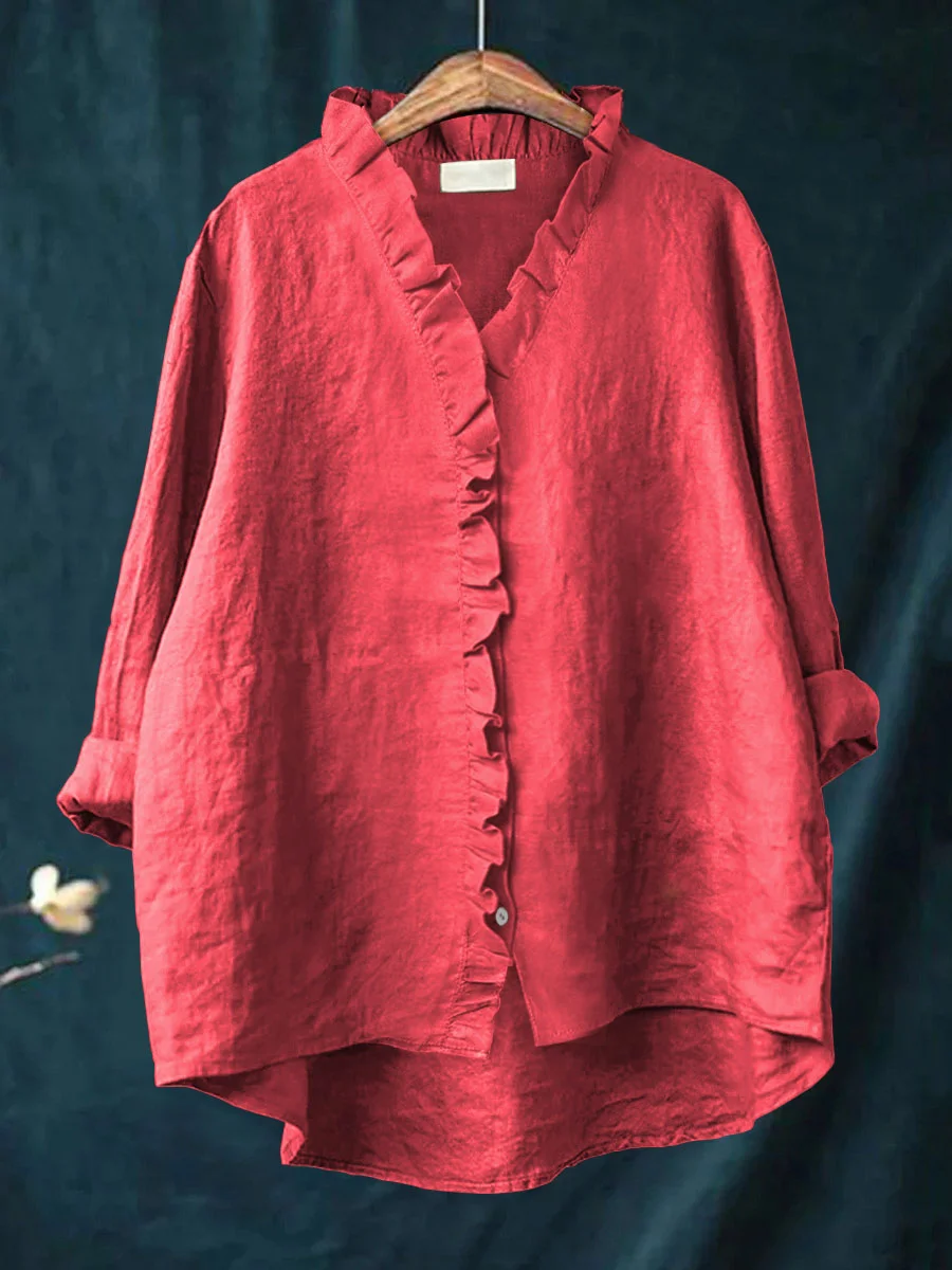 Women's Elegant Cotton and Linen Ruffle Shirt