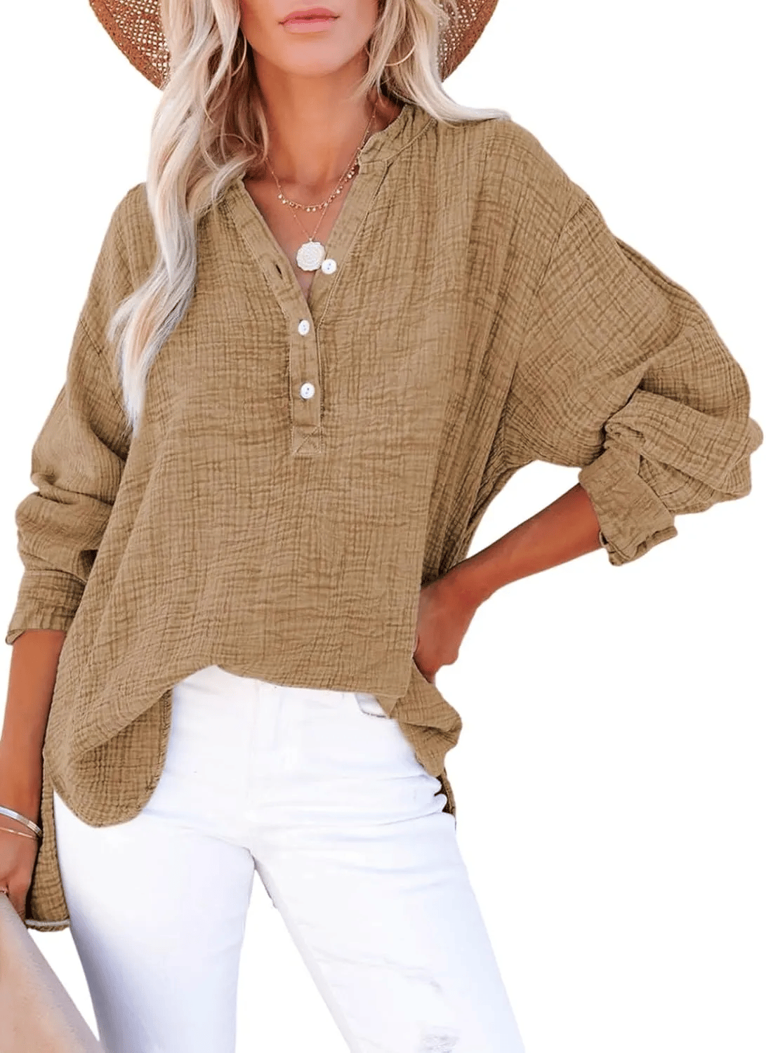 Limited time sale🔥Womens Casual Button V Neck Long Sleeve Shirts Oversized Solid Blouses Tops