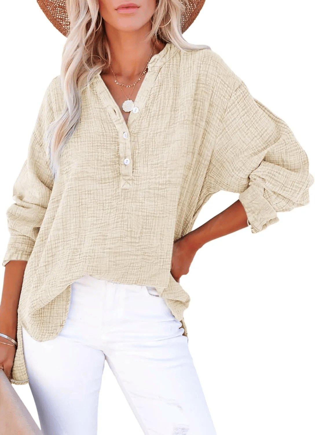 Limited time sale🔥Womens Casual Button V Neck Long Sleeve Shirts Oversized Solid Blouses Tops