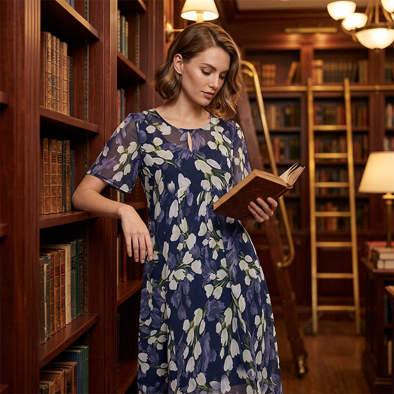 🌷🌷50% OFF NOW! ✨ Women's Floral A-Line Party Dress – Double-Layer Chiffon, Elegant Print & Knee-Length Fit 👗