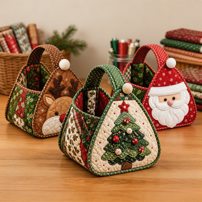 Christmas Quilted Carry Basket Sewing Kit