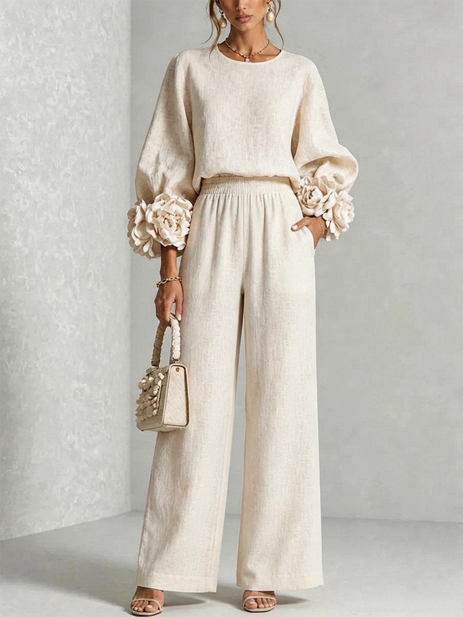 Chic 3D Rosette Sleeve Two-Piece Set