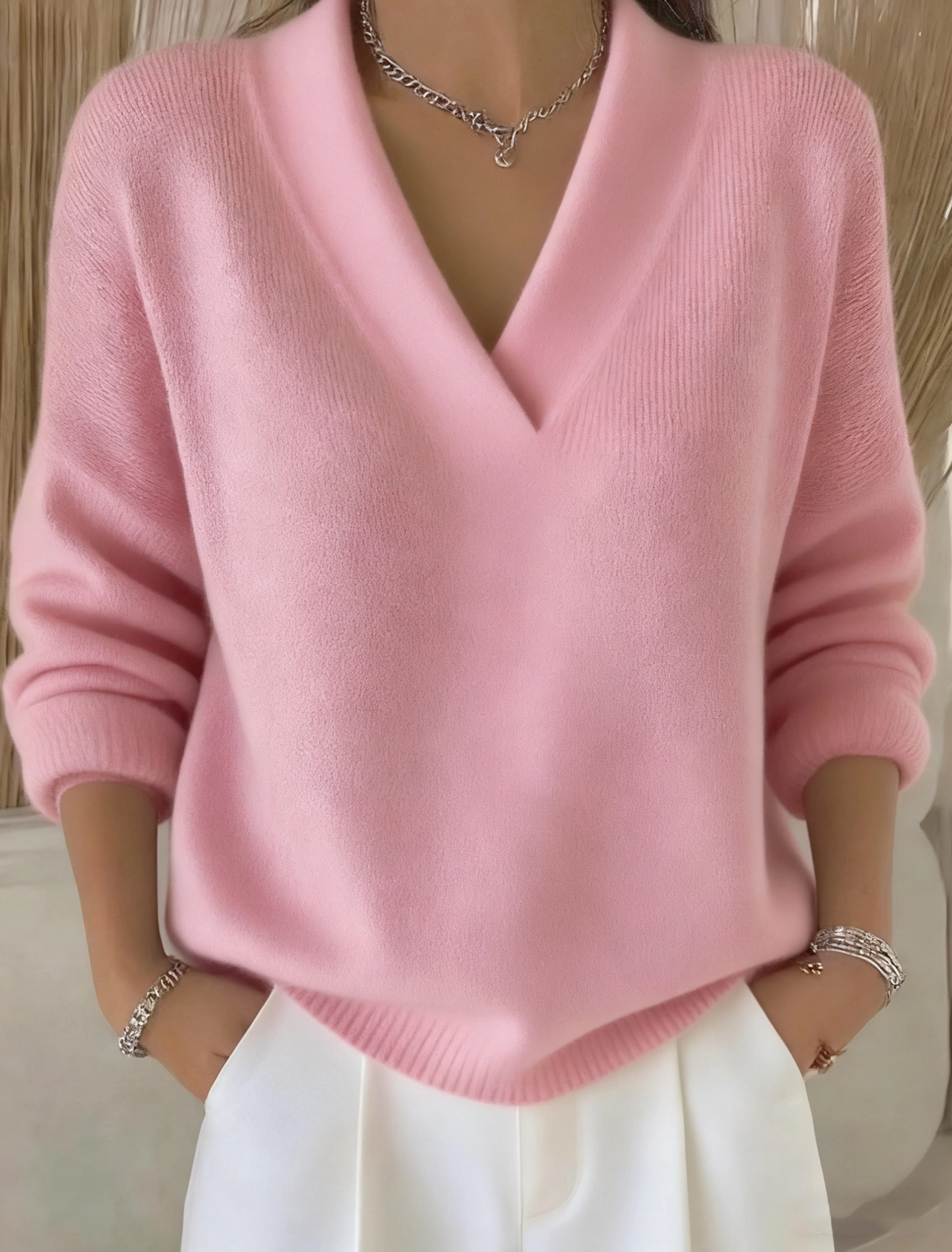 Women's Casual Solid Color V-neck Sweater Top