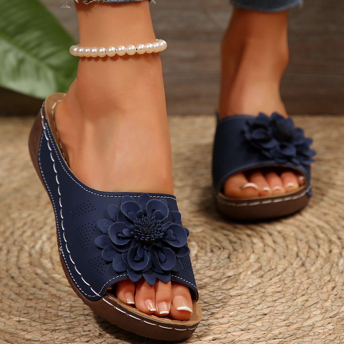 Women's platform open-toe orthopedic floral slippers