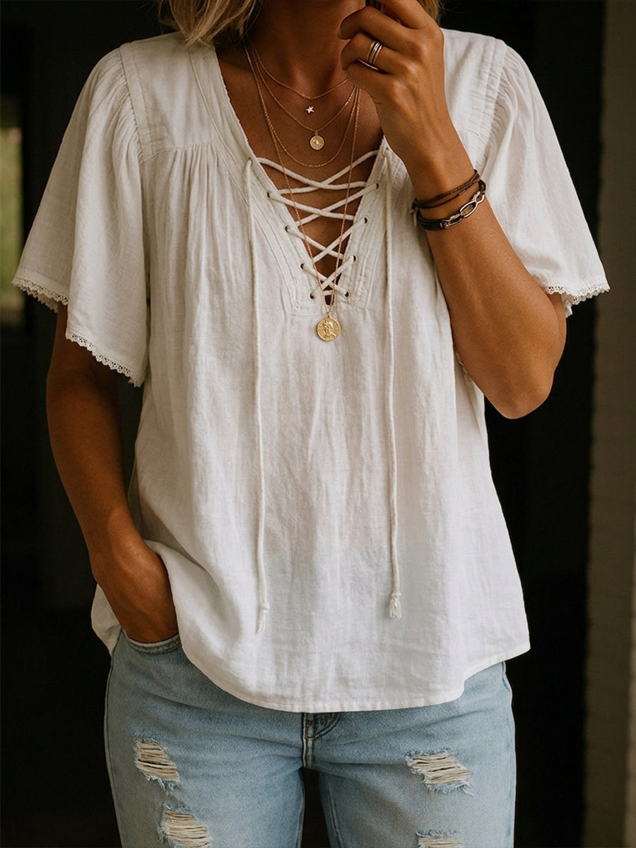 New Arrivals🔥 Casual Cotton-linen Shirt With Drawstring Neckline