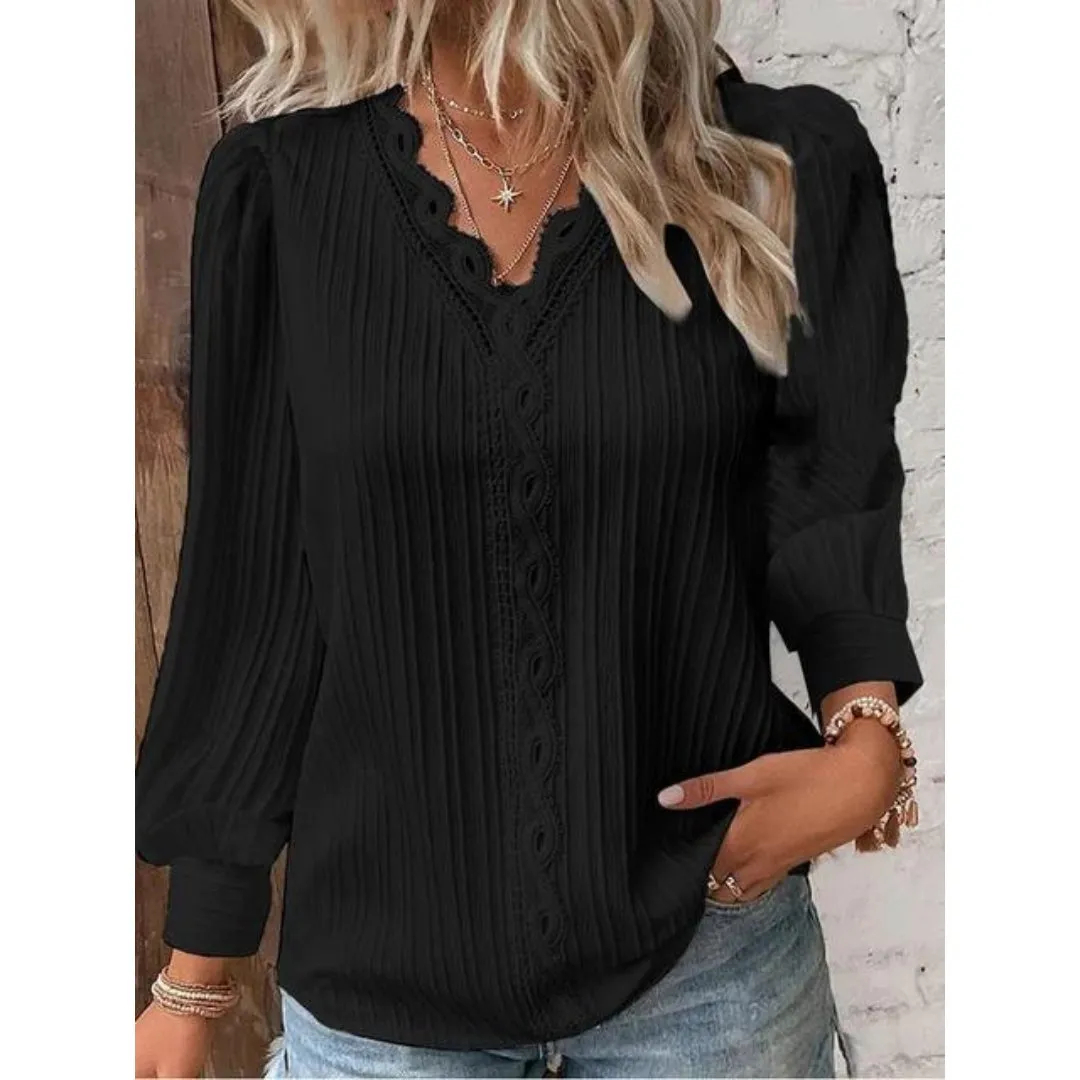 Women’s Elegant Lace V-Neck Pleated Long Sleeve Blouse