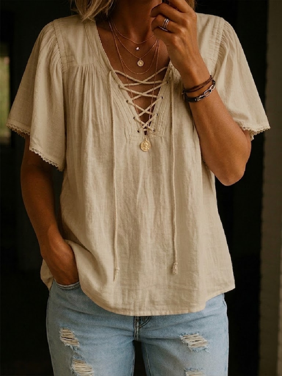 New Arrivals🔥 Casual Cotton-linen Shirt With Drawstring Neckline