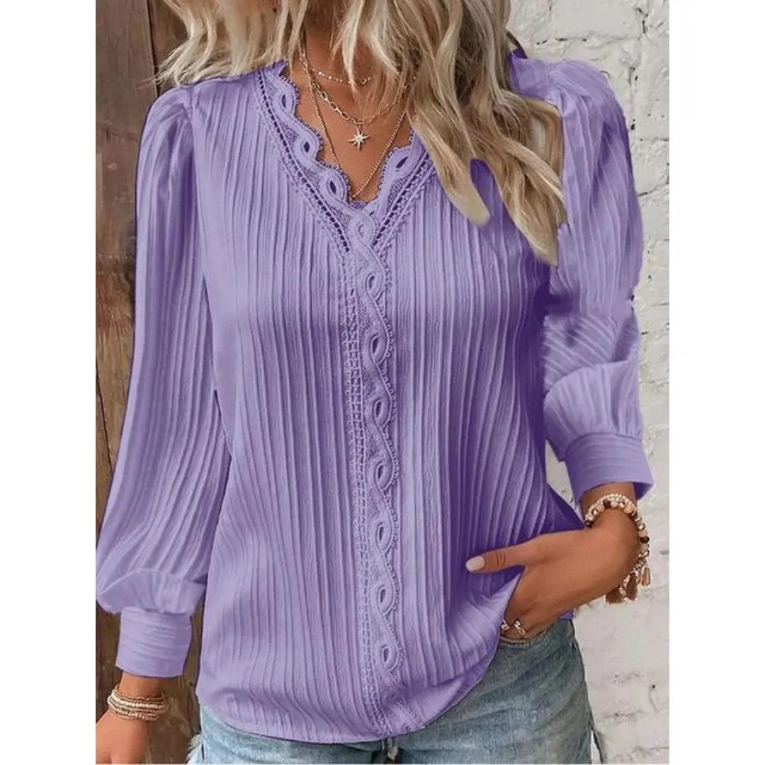 Women’s Elegant Lace V-Neck Pleated Long Sleeve Blouse