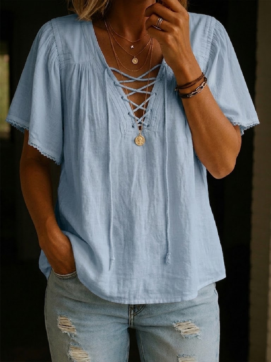 New Arrivals🔥 Casual Cotton-linen Shirt With Drawstring Neckline