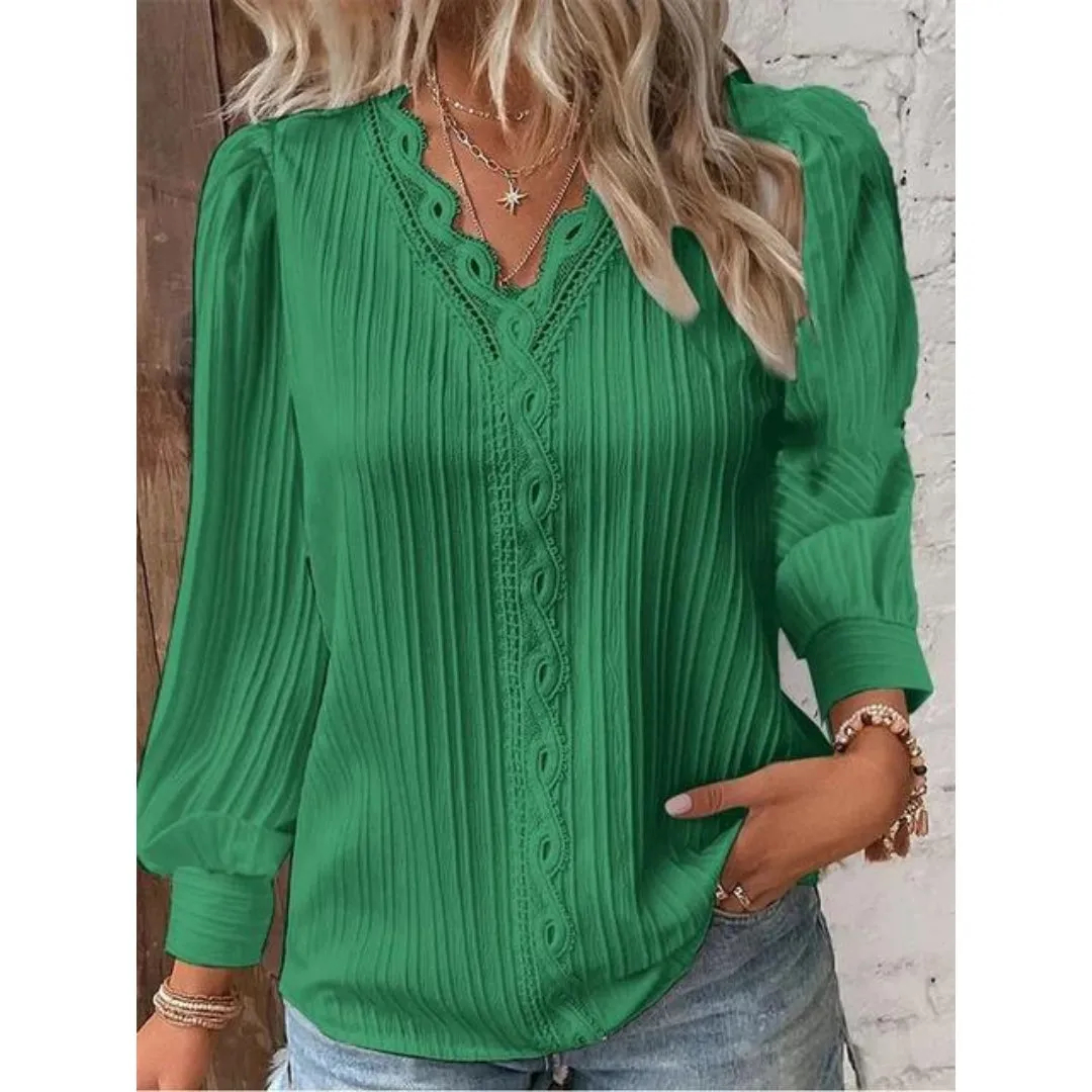 Women’s Elegant Lace V-Neck Pleated Long Sleeve Blouse