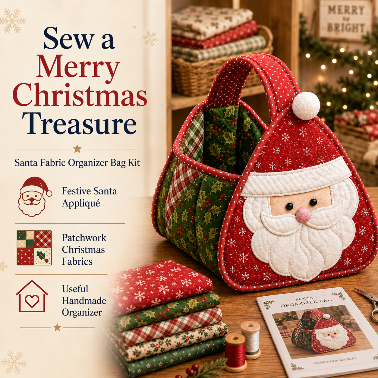 Christmas Quilted Carry Basket Sewing Kit