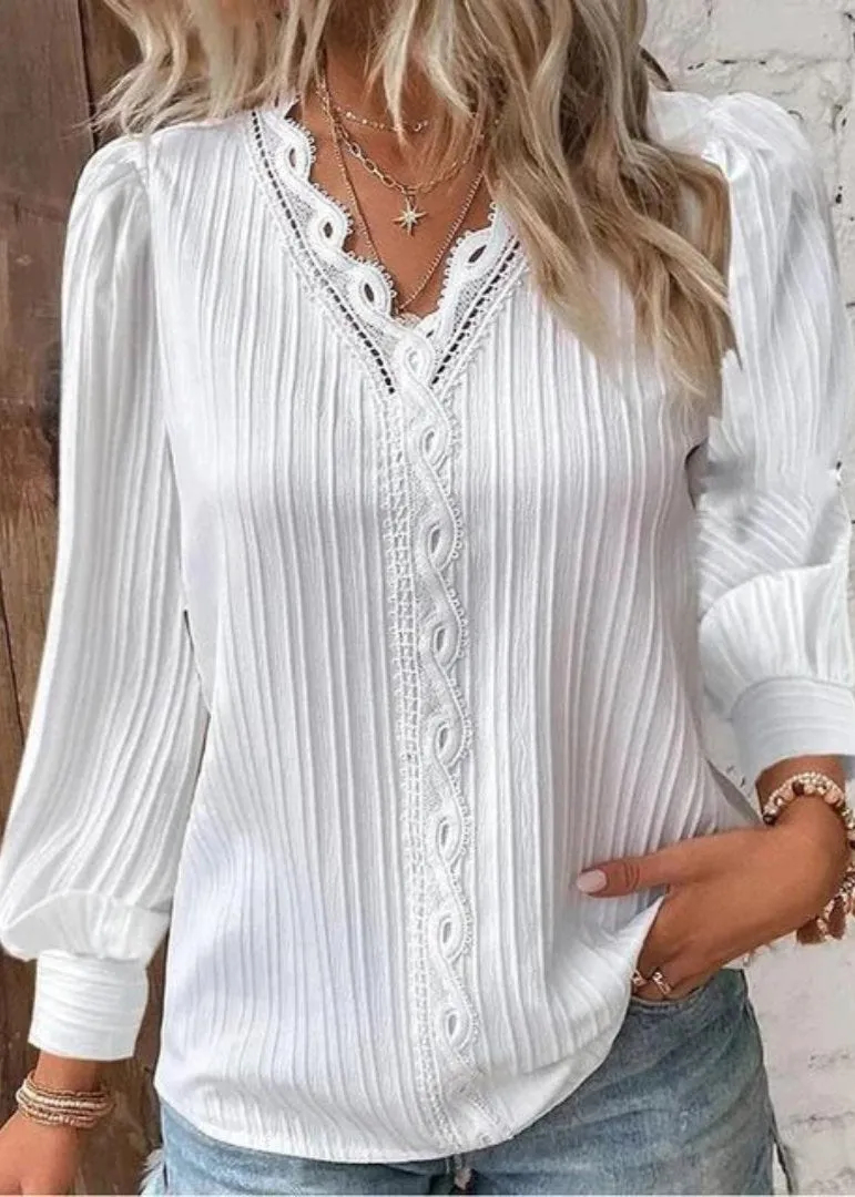 Women’s Elegant Lace V-Neck Pleated Long Sleeve Blouse
