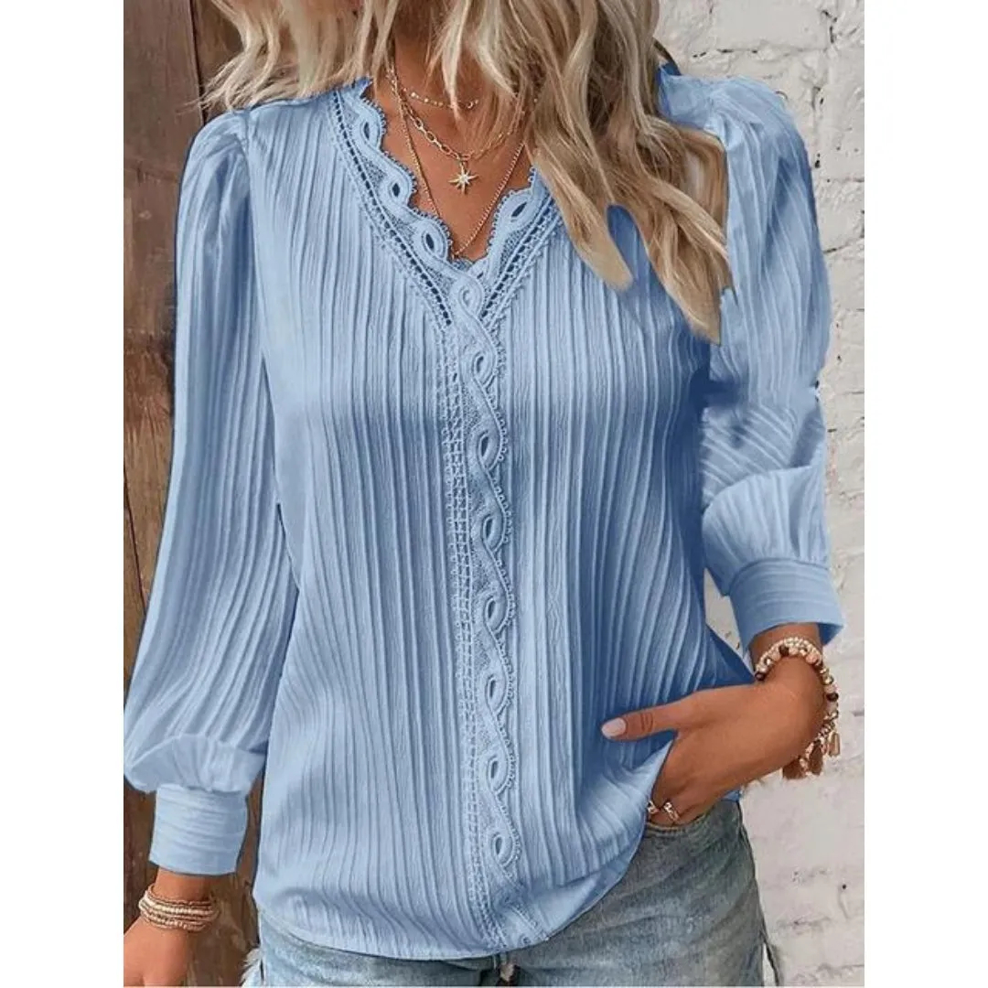 Women’s Elegant Lace V-Neck Pleated Long Sleeve Blouse