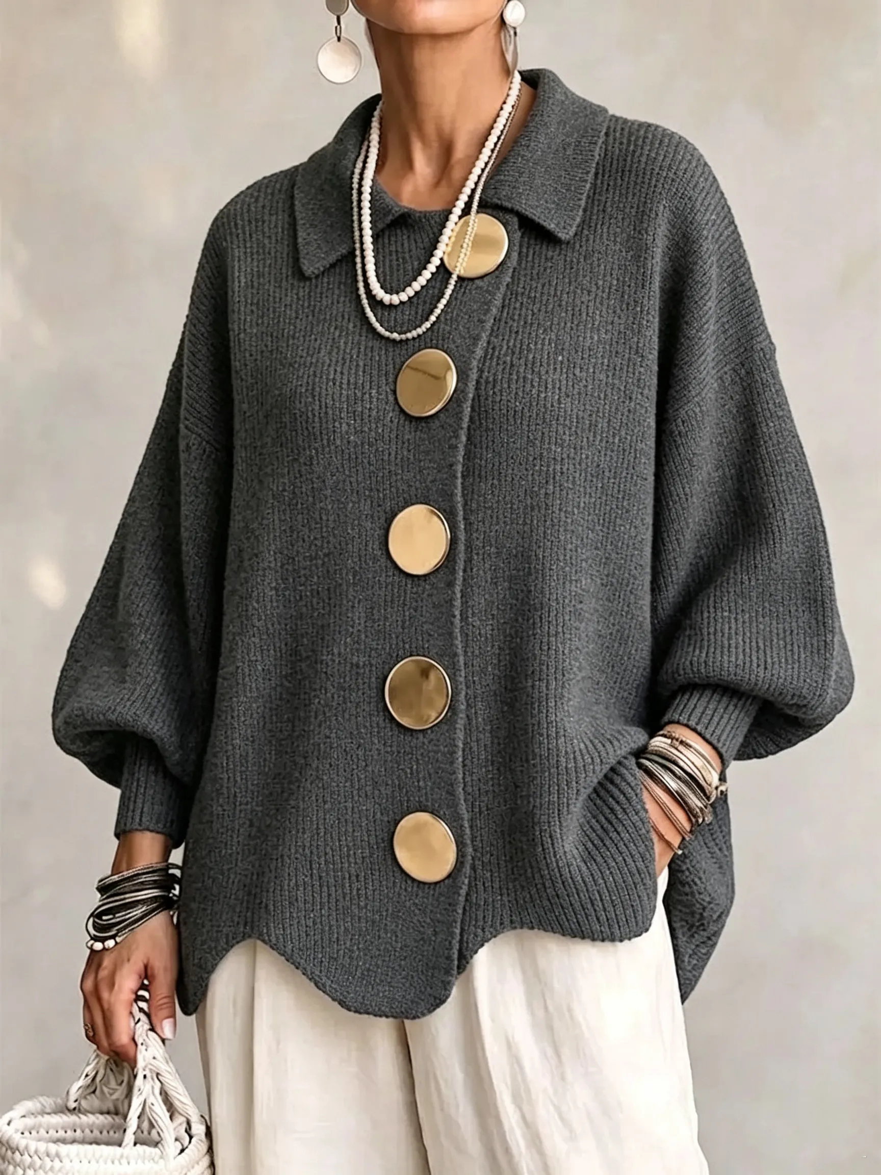 CLEARANCE SALE🔥 Oversized Collared Knit Cardigan With Large Metal Buttons