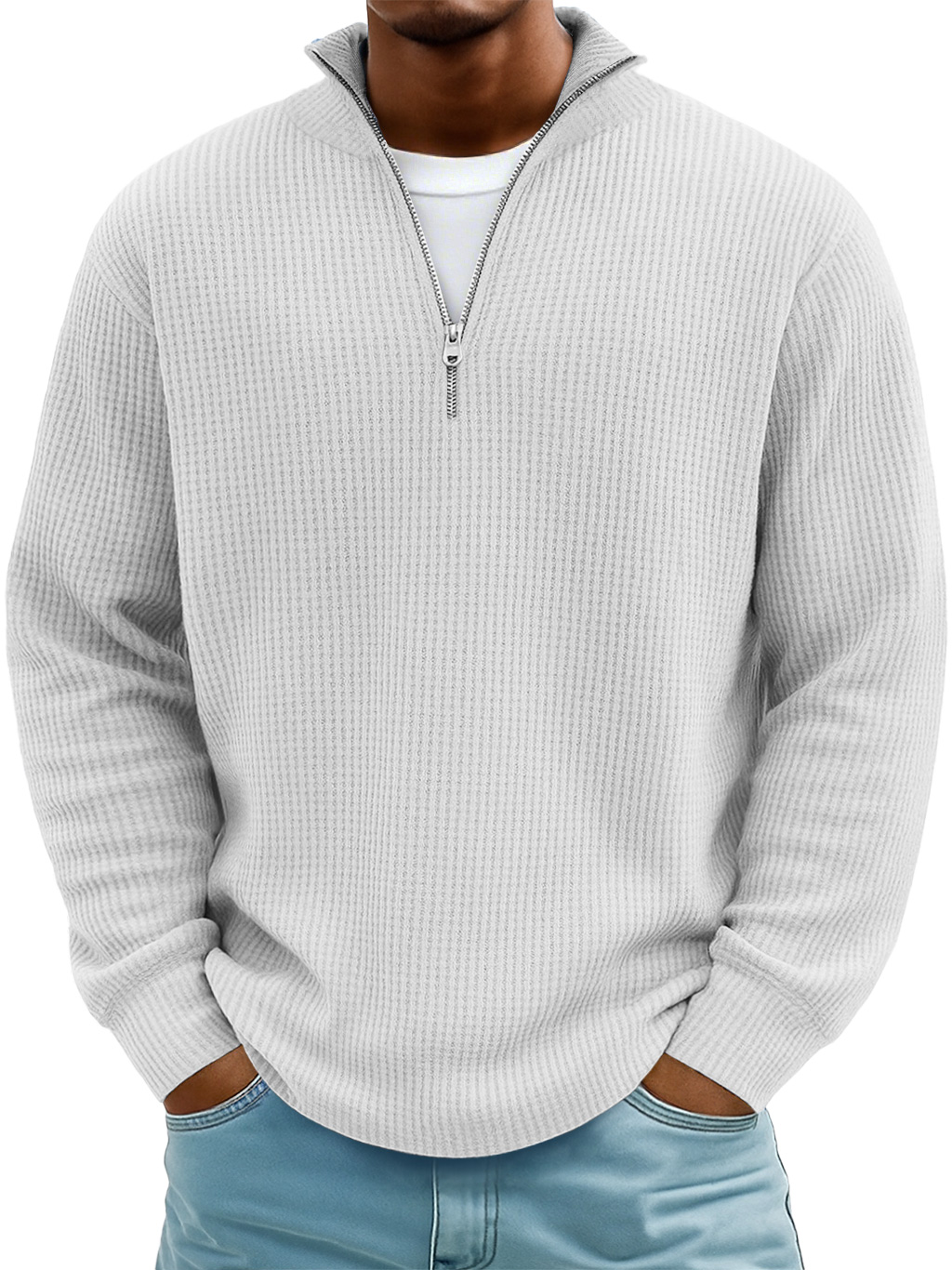Men's Casual Simple Breathable Fabric Stand Collar Zipper Long Sleeve T-shirt