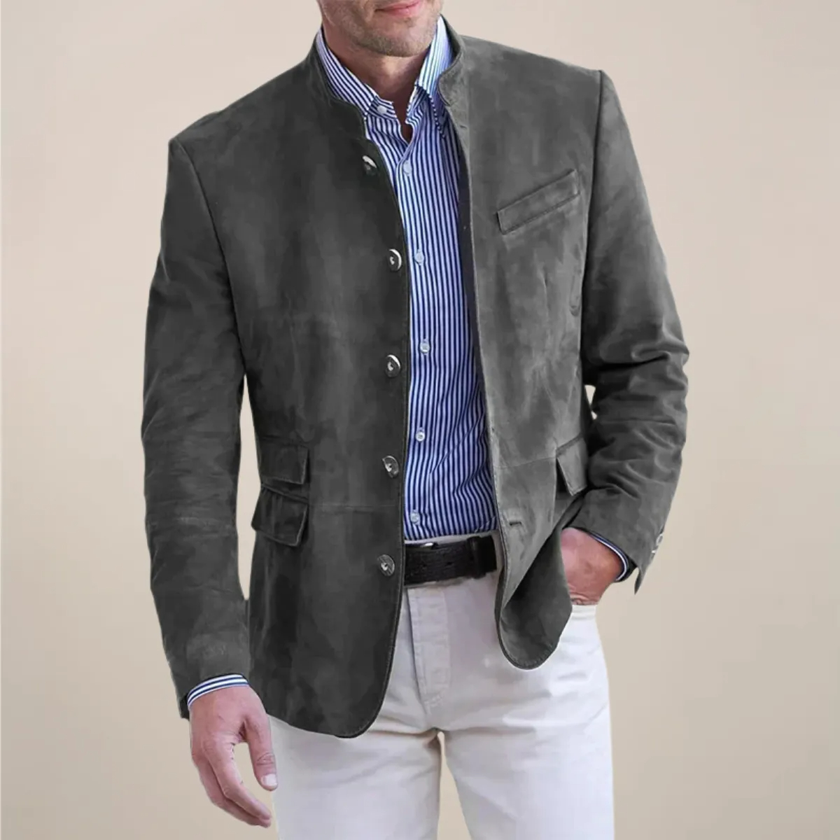 Men’s Stand Collar Blazer – Smart-Casual Lightweight Layering