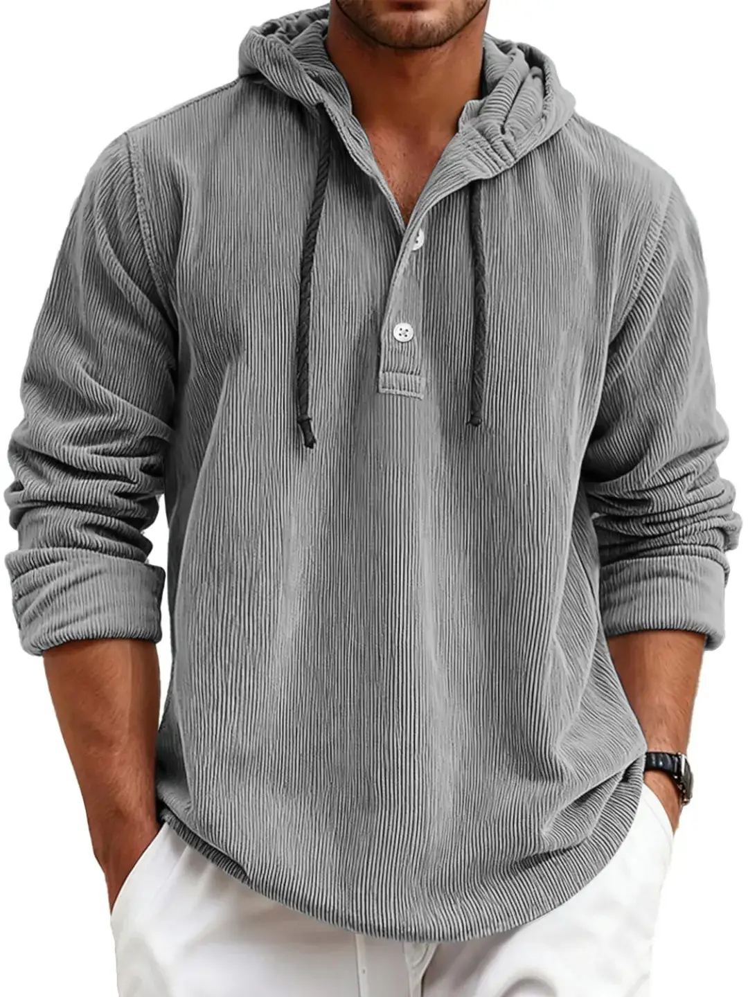 Men's striped pearl cotton half-shirt with hood and button-down design