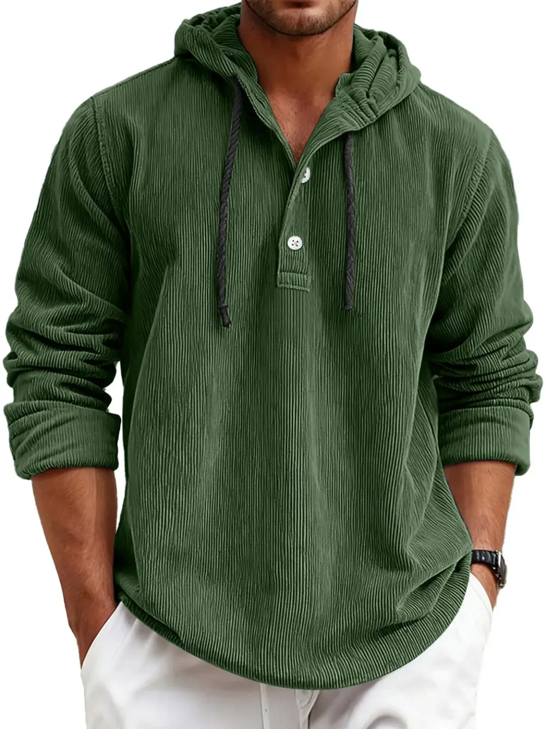 Men's striped pearl cotton half-shirt with hood and button-down design