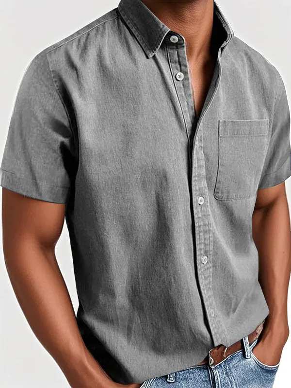 Men's Classic Vintage Washed Gentleman Casual Pocket Short Sleeve Shirt