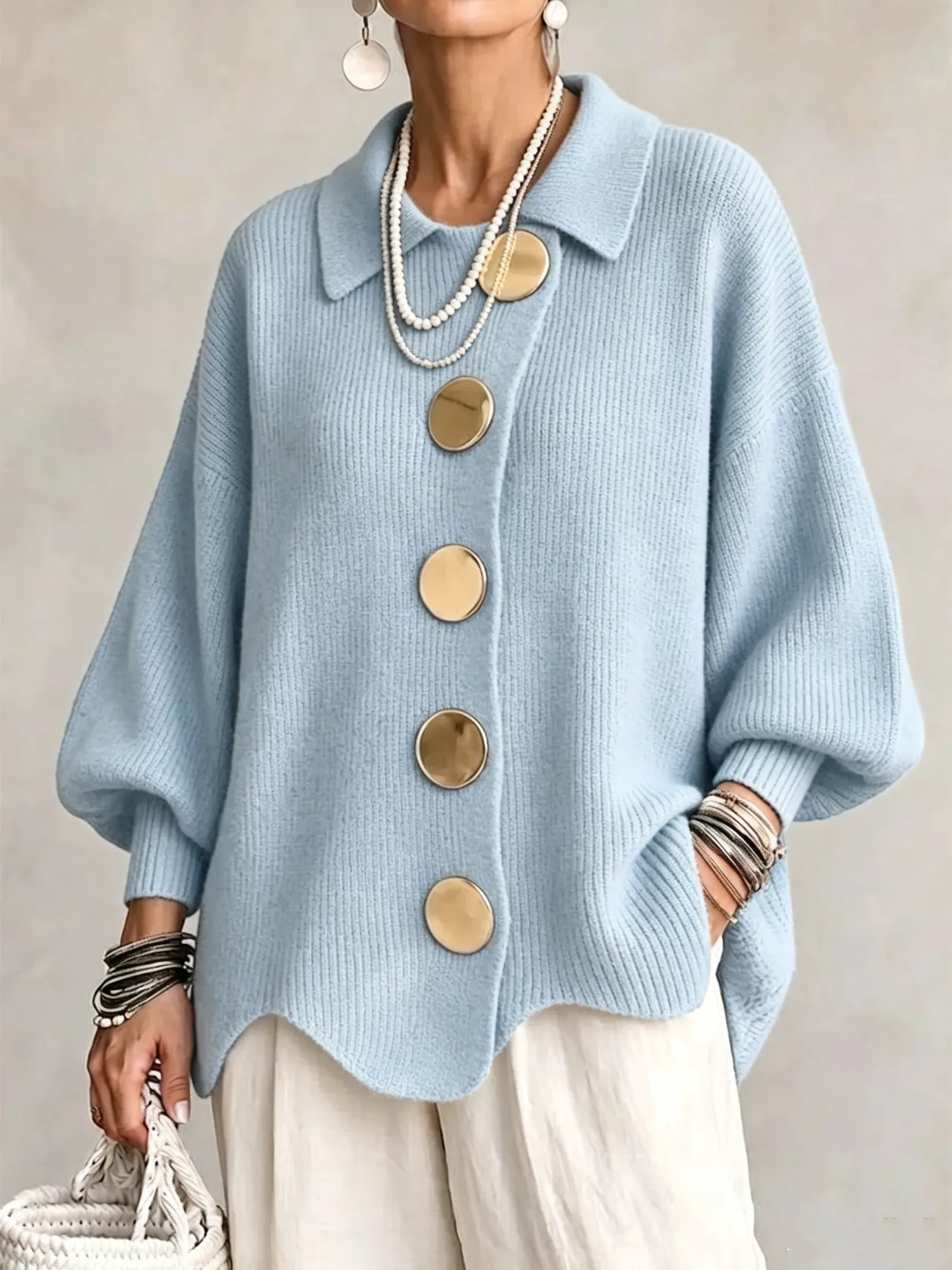CLEARANCE SALE🔥 Oversized Collared Knit Cardigan With Large Metal Buttons