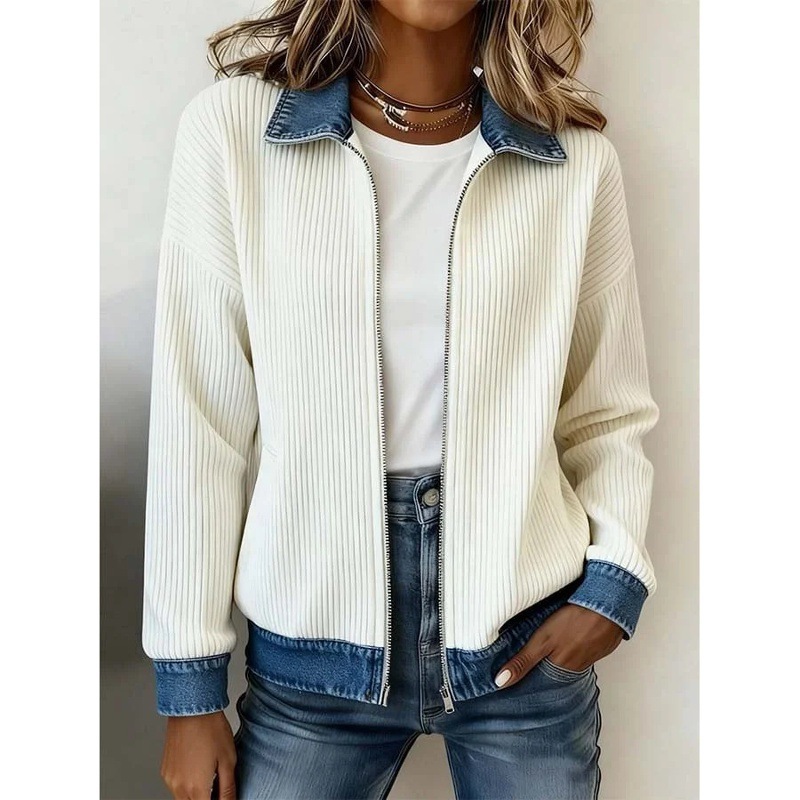 Women Ribbed Knit Zip‑Up Jacket Denim Contrast Collar Cuffs Hem