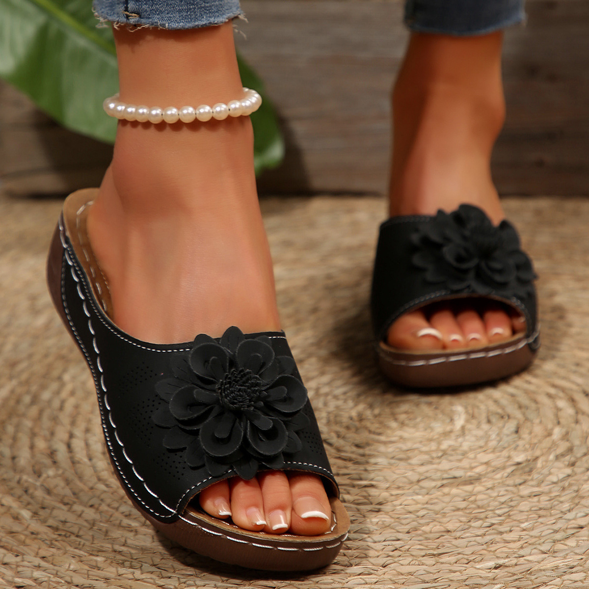 Women's platform open-toe orthopedic floral slippers
