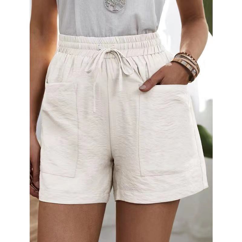 Women's High-Waisted Casual Shorts with Pockets (Linen Texture)