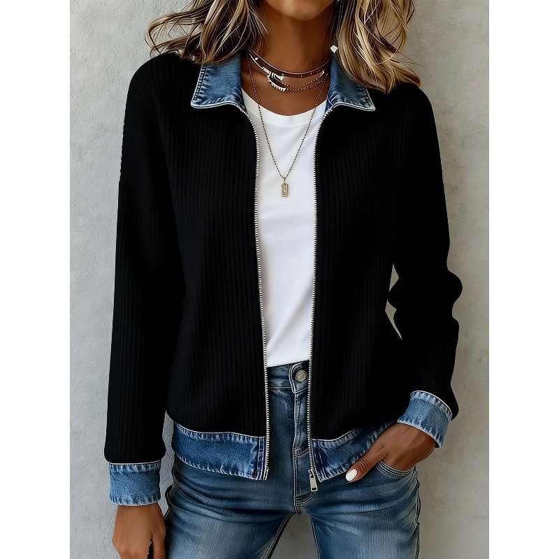 Women Ribbed Knit Zip‑Up Jacket Denim Contrast Collar Cuffs Hem