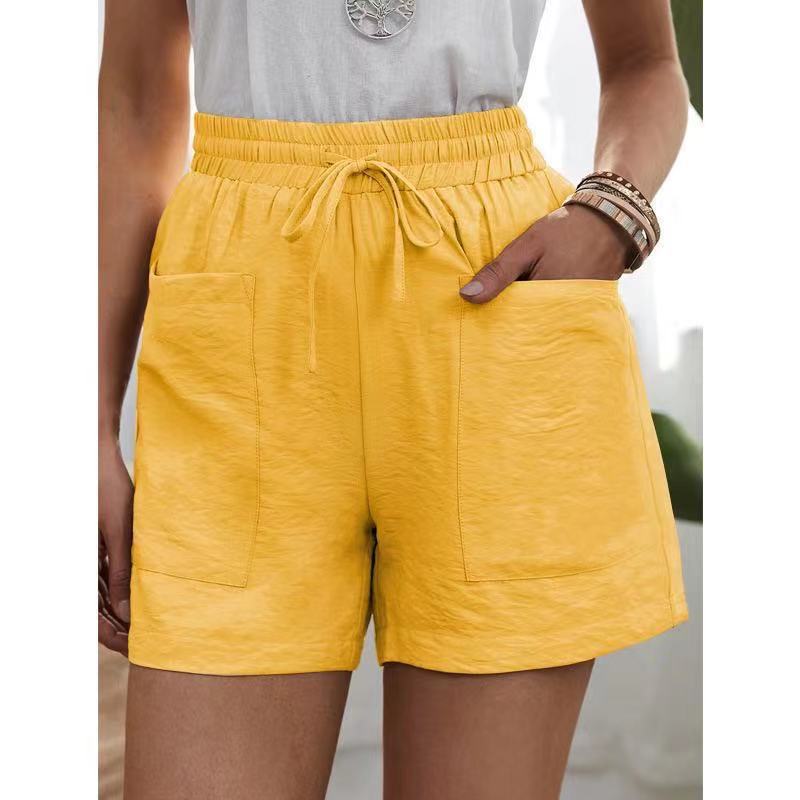 Women's High-Waisted Casual Shorts with Pockets (Linen Texture)