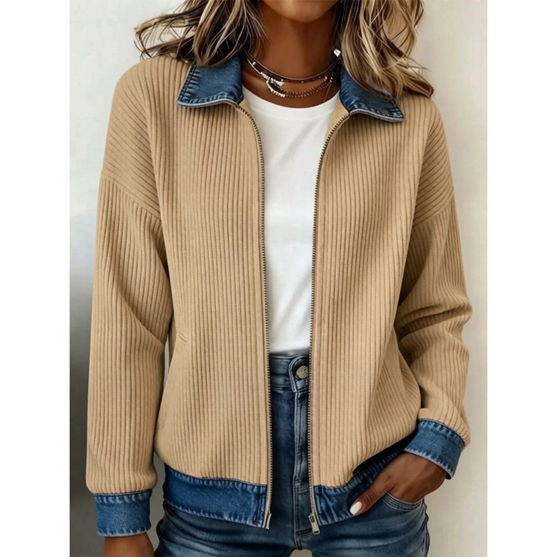Women Ribbed Knit Zip‑Up Jacket Denim Contrast Collar Cuffs Hem