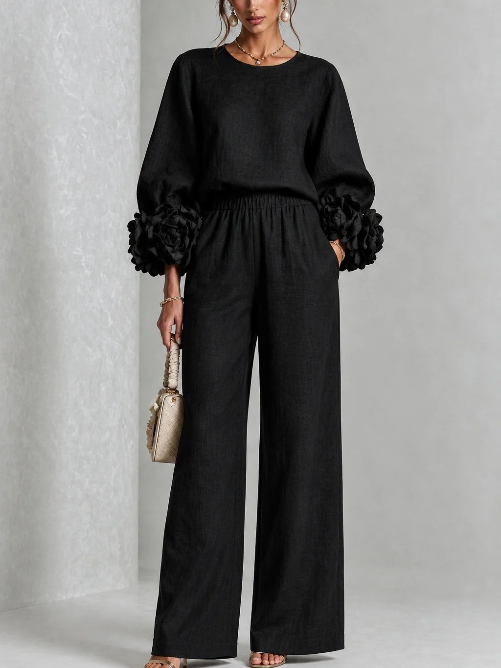 Chic 3D Rosette Sleeve Two-Piece Set