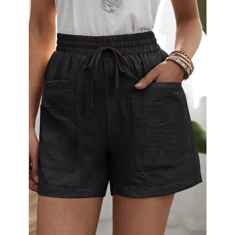 Women's High-Waisted Casual Shorts with Pockets (Linen Texture)