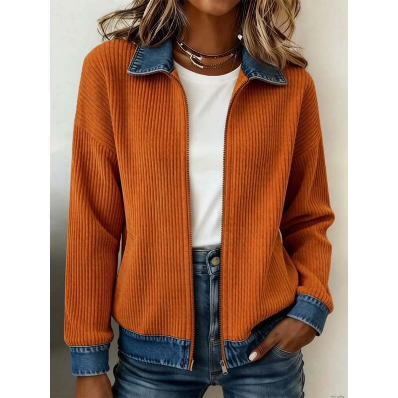 Women Ribbed Knit Zip‑Up Jacket Denim Contrast Collar Cuffs Hem