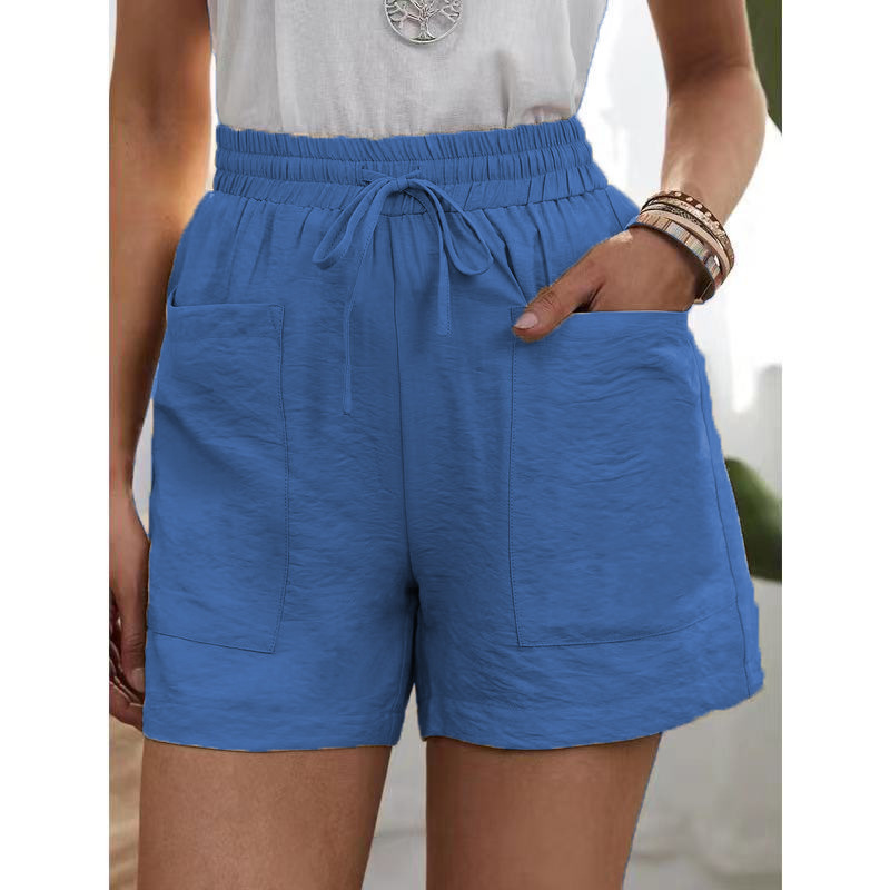 Women's High-Waisted Casual Shorts with Pockets (Linen Texture)