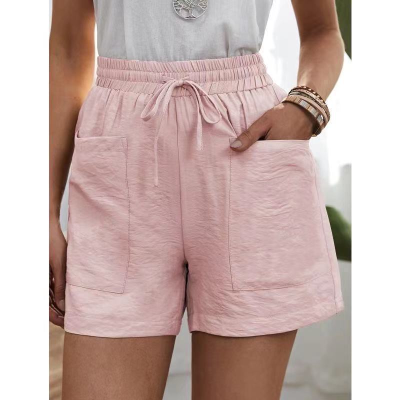 Women's High-Waisted Casual Shorts with Pockets (Linen Texture)