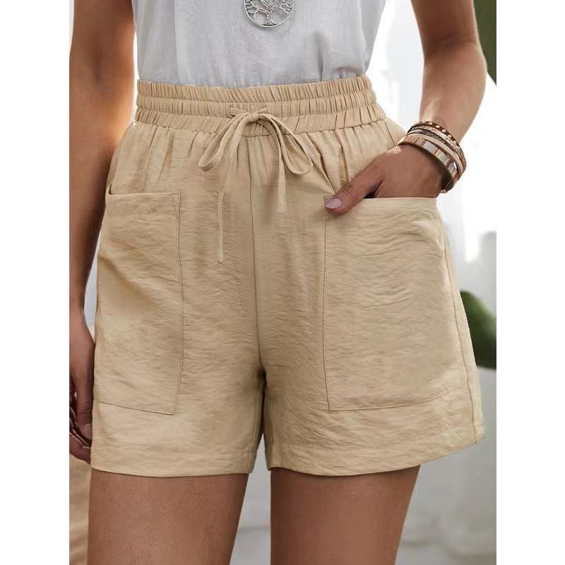 Women's High-Waisted Casual Shorts with Pockets (Linen Texture)