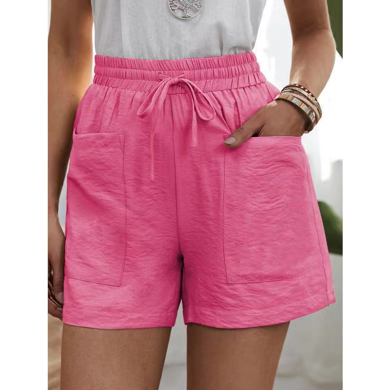 Women's High-Waisted Casual Shorts with Pockets (Linen Texture)