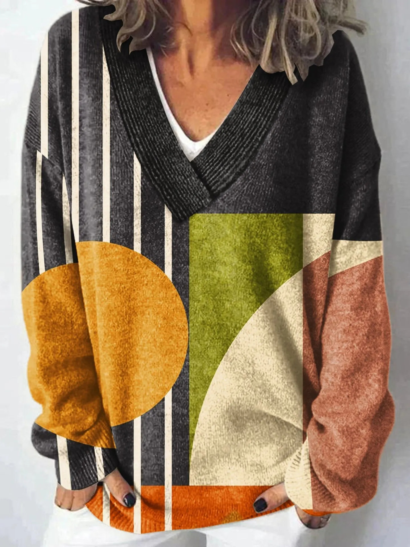 Women’s Vintage Abstract Print Wool Sweater – Artistic Cozy Knit Top