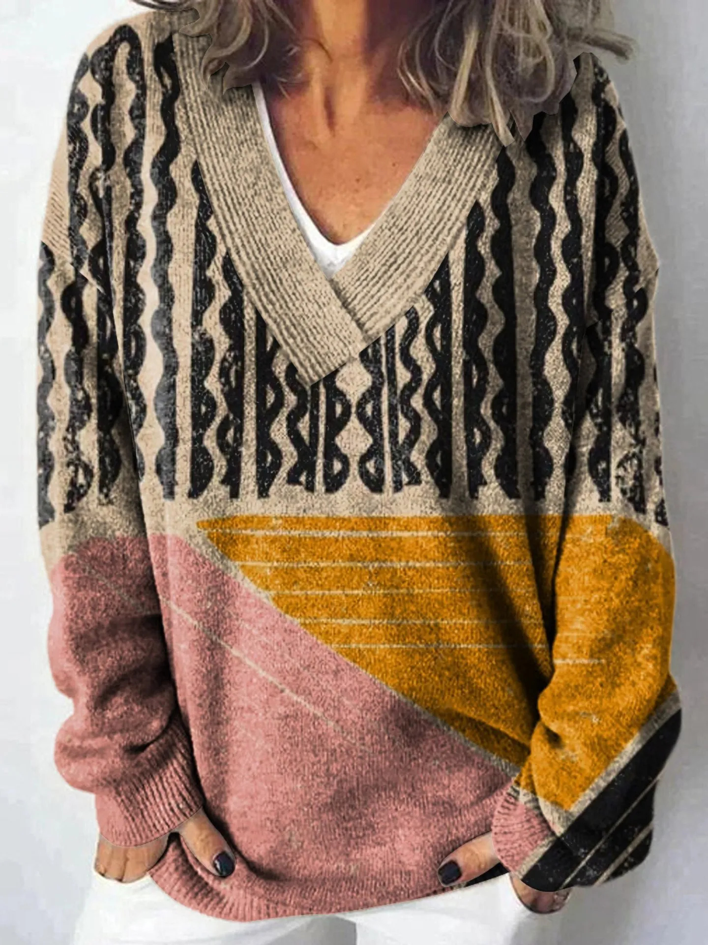 Women’s Vintage Abstract Print Wool Sweater – Artistic Cozy Knit Top