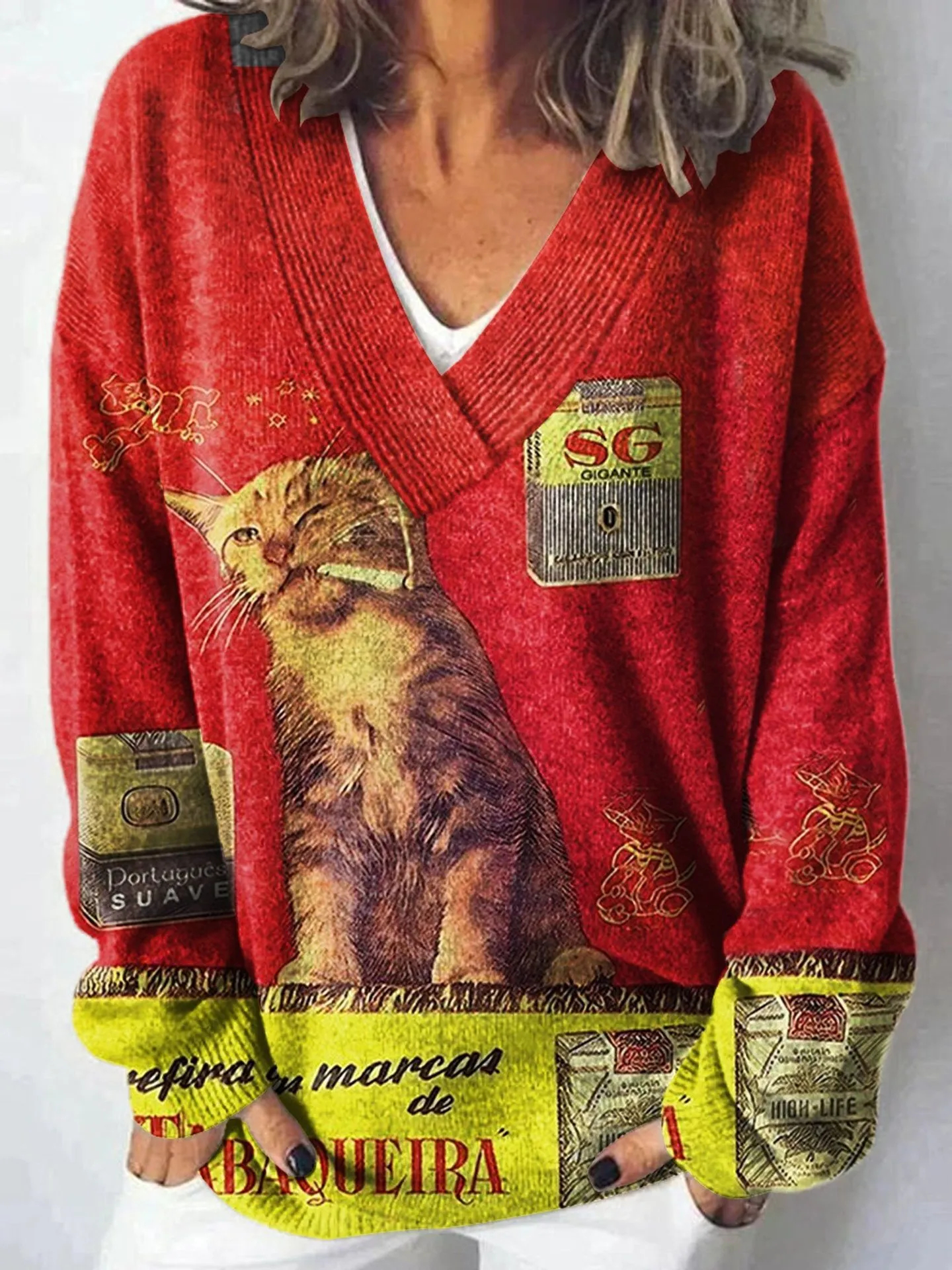 Women’s Vintage Abstract Print Wool Sweater – Artistic Cozy Knit Top