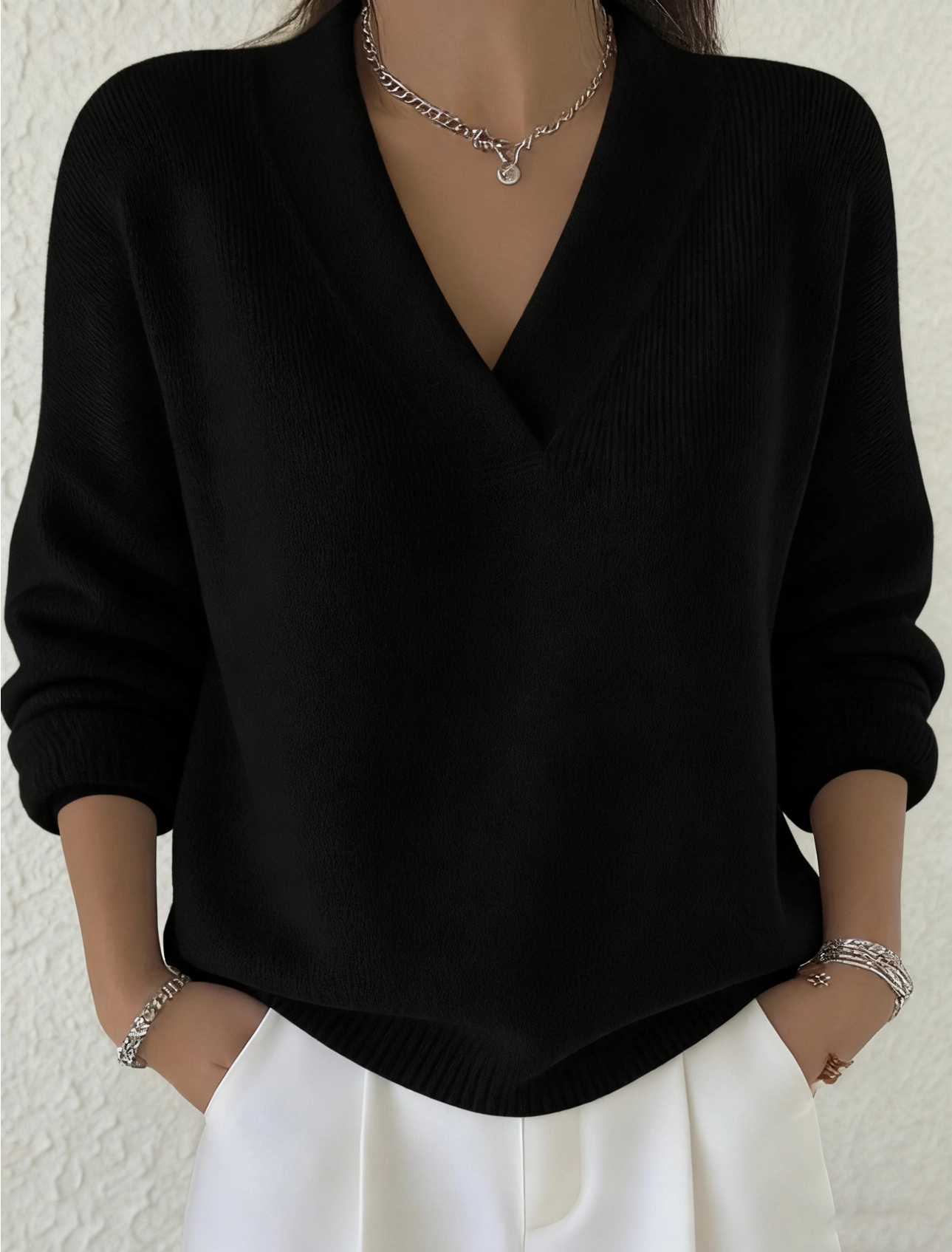 Women's Casual Solid Color V-neck Sweater Top