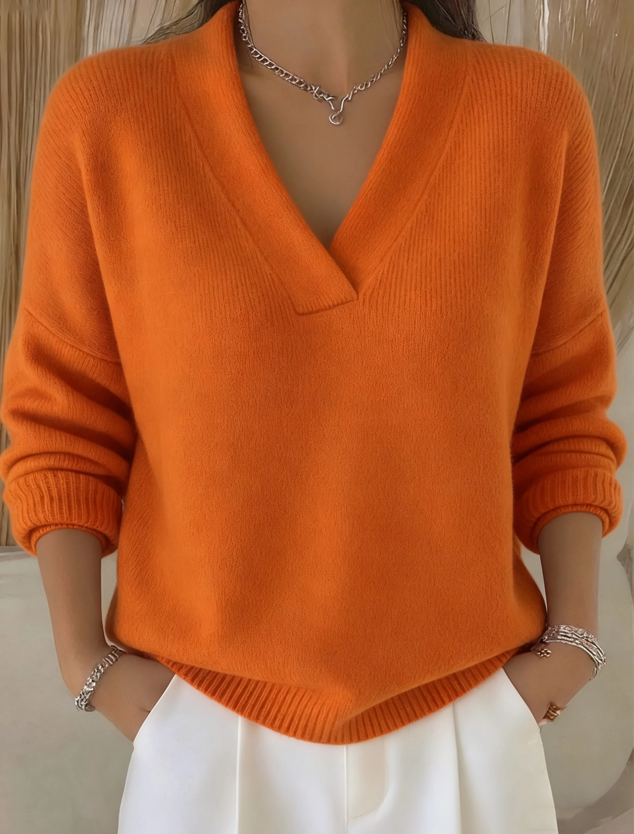 Women's Casual Solid Color V-neck Sweater Top