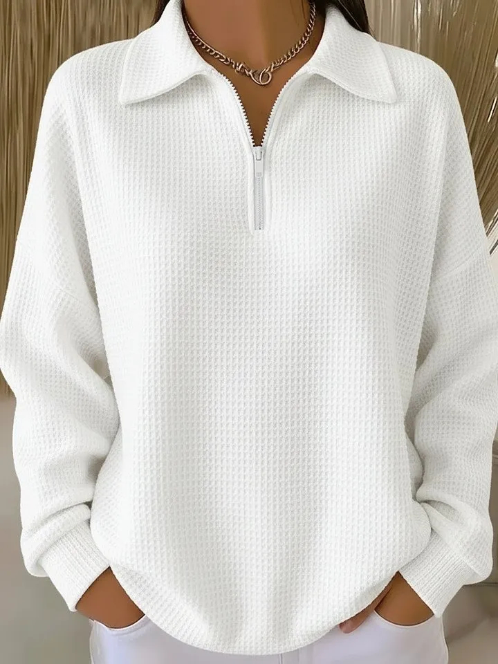 Women’s Solid-Color Waffle-Knit Zip-Up Collared Top
