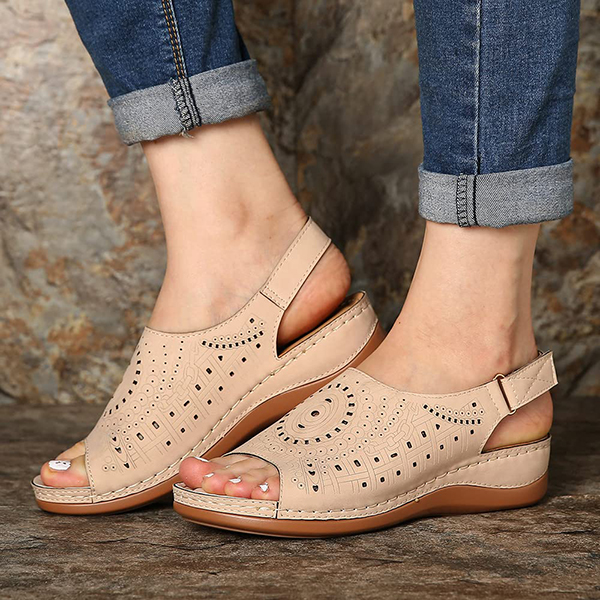 LAST DAY 50% OFF-Womens Casual Peep Toe Hollow Out  Wedges Arch Support Sandals