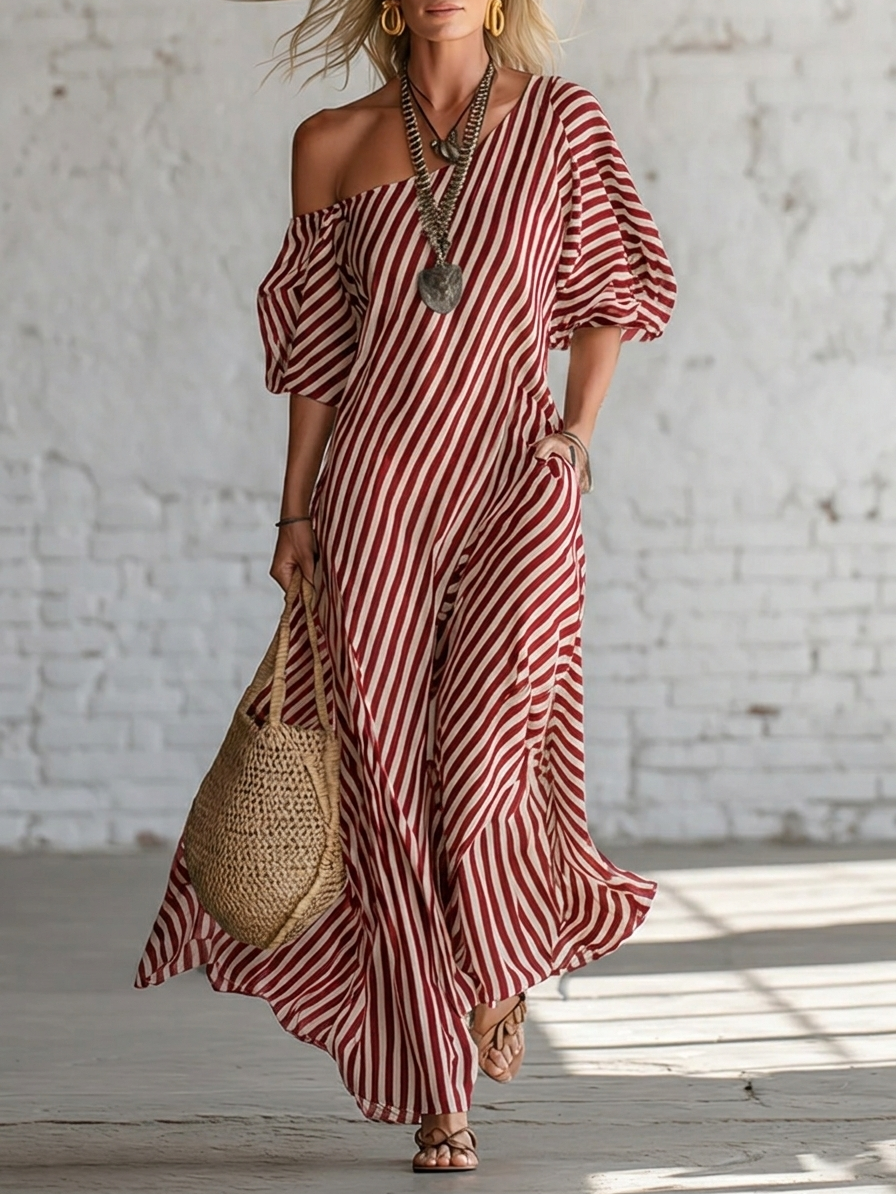 Women's Elegant And Classic Striped Off-shoulder Maxi Dress
