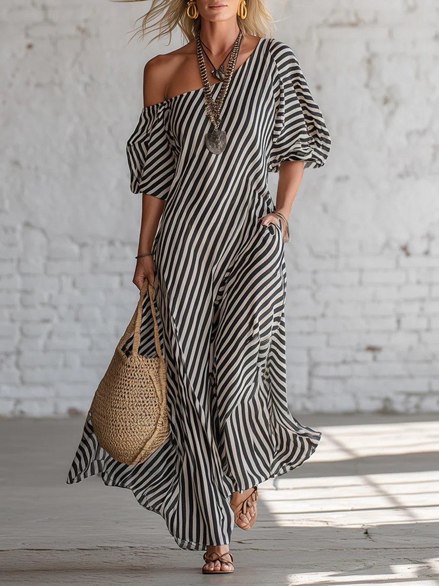 Women's Elegant And Classic Striped Off-shoulder Maxi Dress