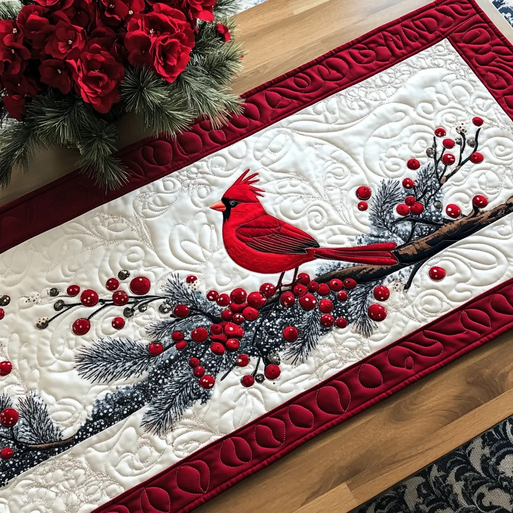 Swirling Cardinal Pattern Quilted Table Runner
