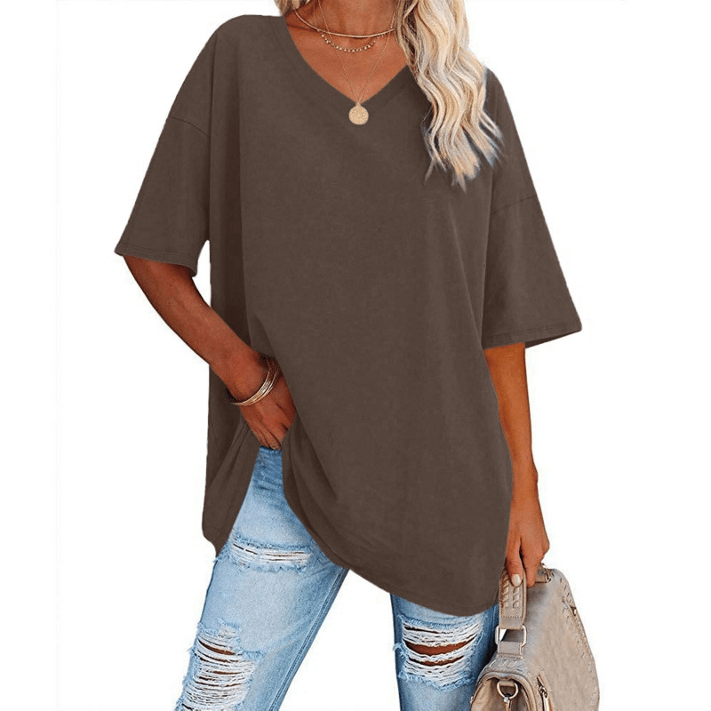Plus Size V‑Neck Oversized Tunic Tee, Soft Stretch Cotton Blend Casual Shirt
