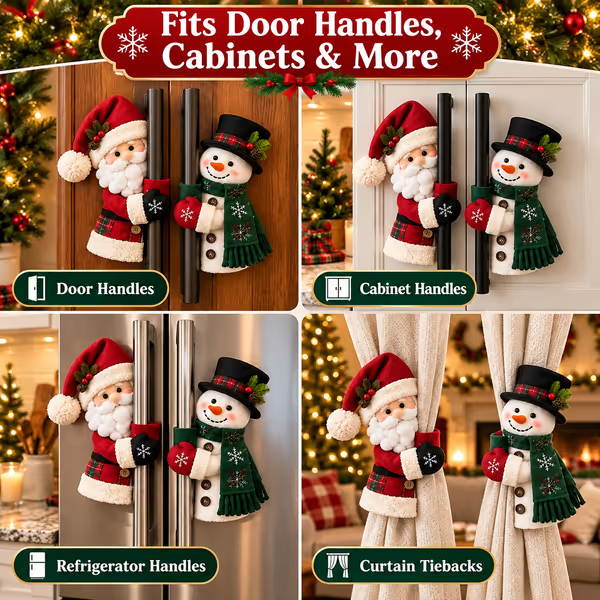 ⏳ Last day! 49% OFF –🎅Christmas Door Handle Covers – Santa & Snowman Plush Door Knob Decorations