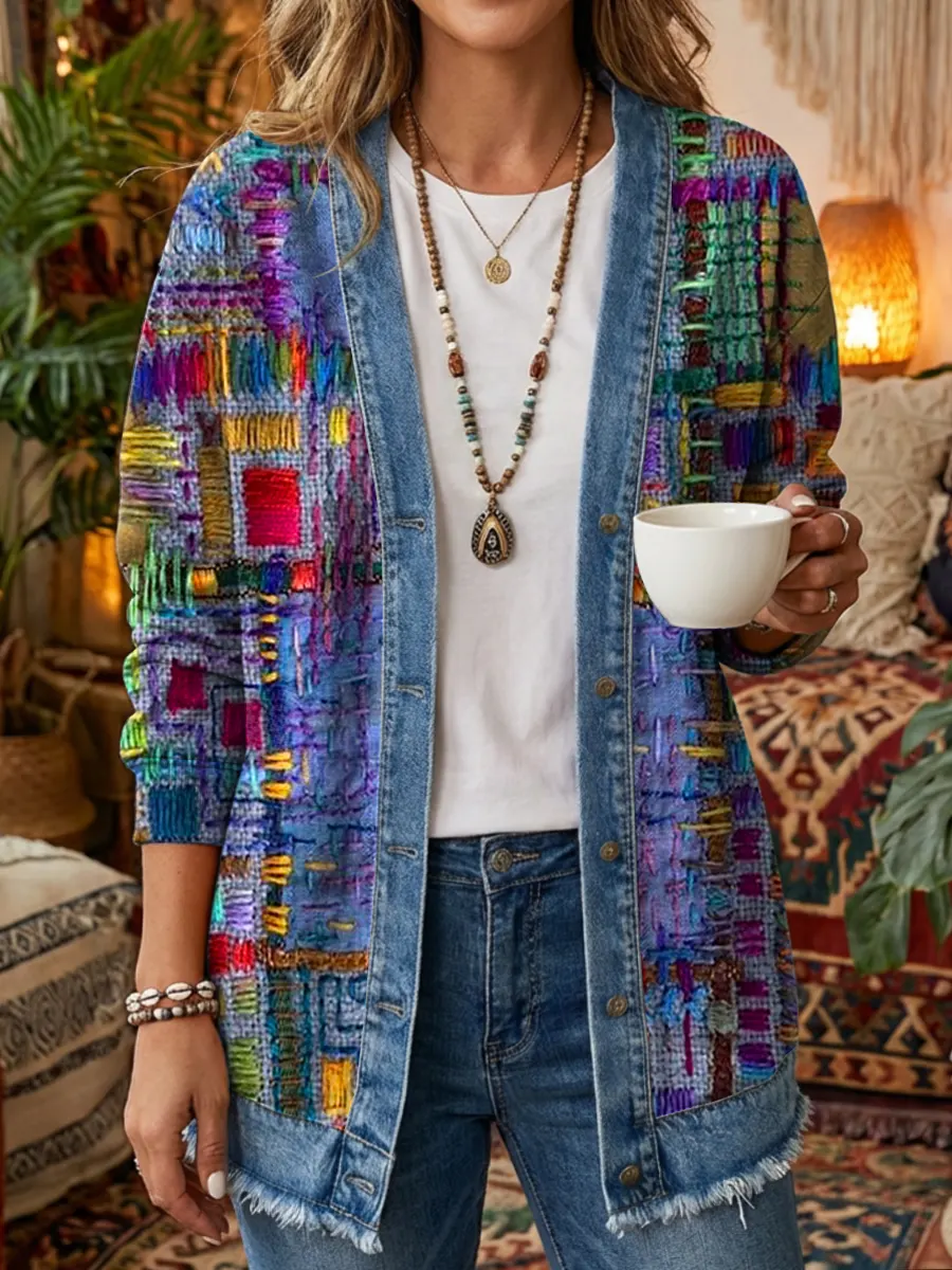 Ethnicity Geometry Texture Women's Art Print Casual Long Sleeve Shirt Coat